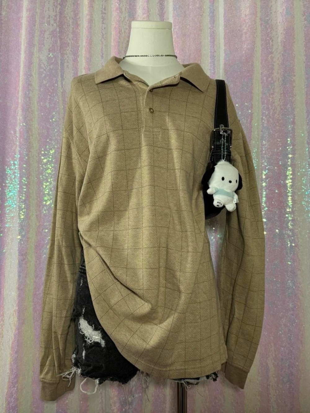 Lands' End Beige Windowpane Grid Long Sleeve Henley Polo Shirt ★彡